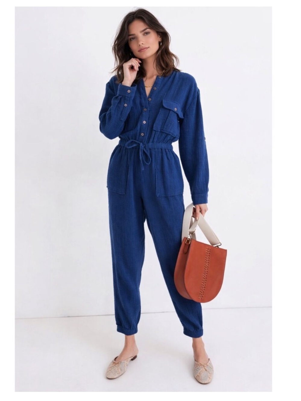 Madewell Lightspun Cotton Gauze Tapered-Leg Long Sleeve Blue Jumpsuit Pockets